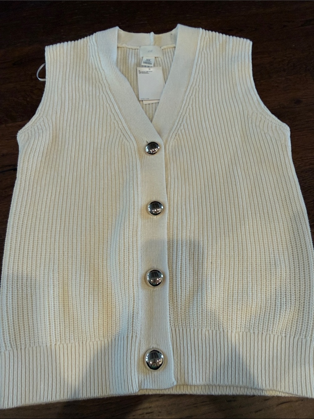 H&M Cream Ribbed Knit V-Neck Vest with Button Placket